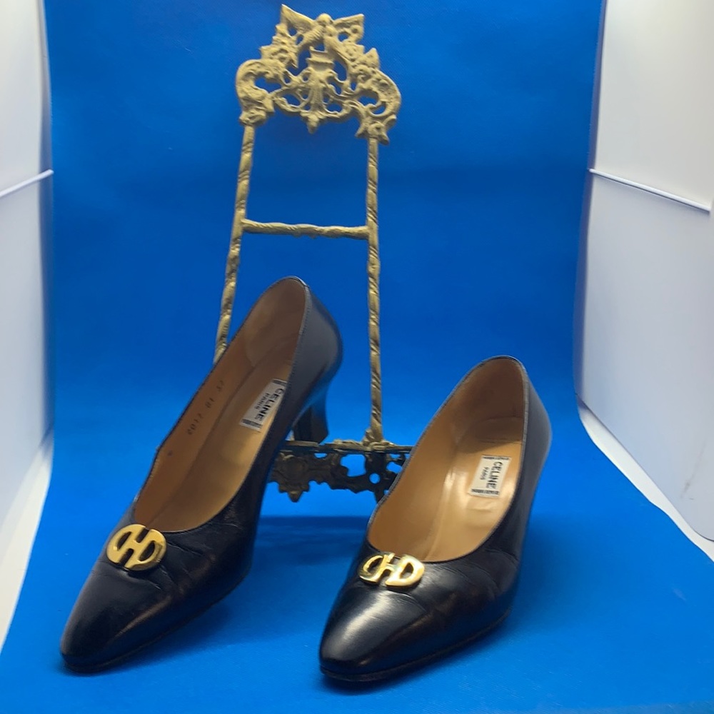 👠 🔥 CELINE‎ Black leather heels gold vintage placard Heels style # 2017 B1 37